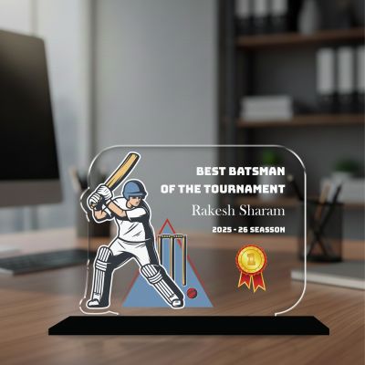 Best Batsman of The Tournament Personalized Cricket Theme Award Trophy  UV Printed Acrylic Trophy | Cricket Tournament Award for Sports & School Competition